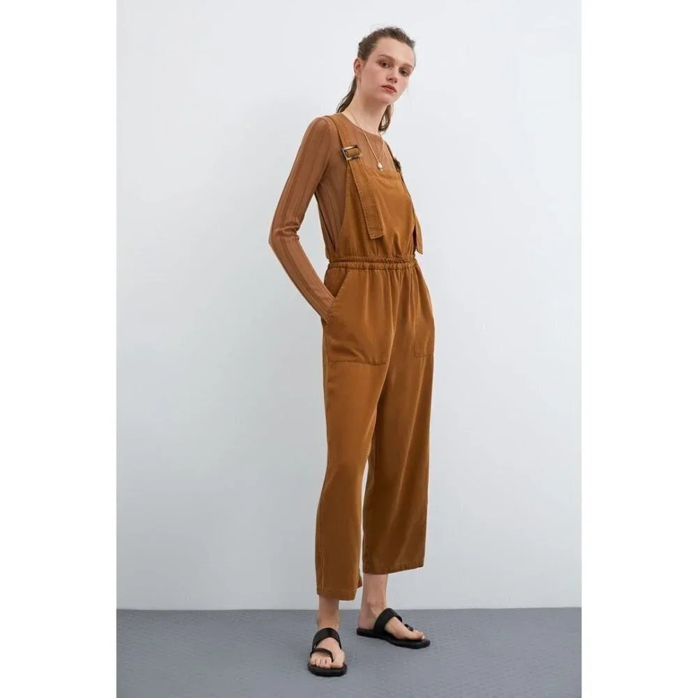 Zara Long Strappy Wide Leg Brown Jumpsuit